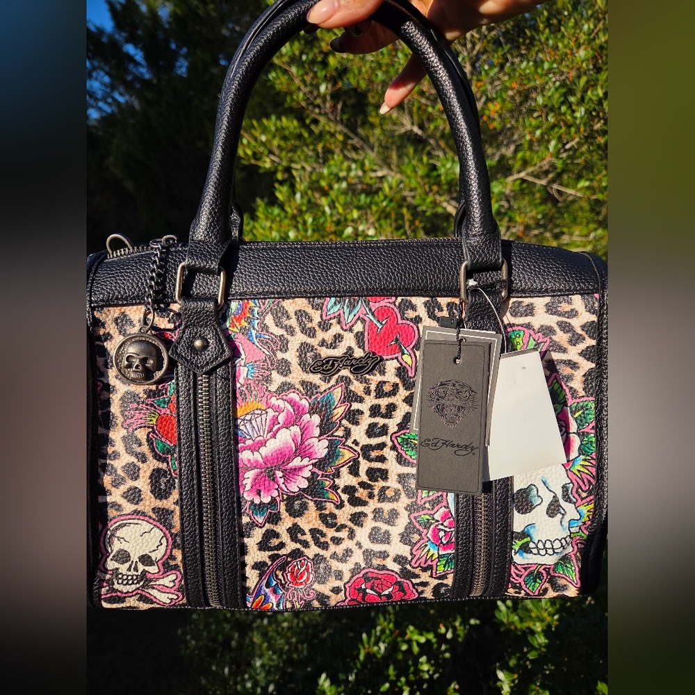 Ed Hardy Leopard Print Satchel with Pink and Black Accents